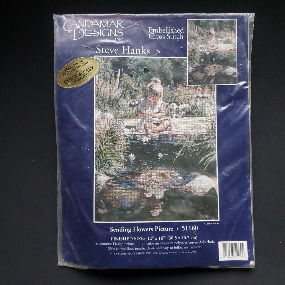 Vintage Stamped Cross Stitch Kit Steve Hanks Sending Flowers Girl Pond 1999